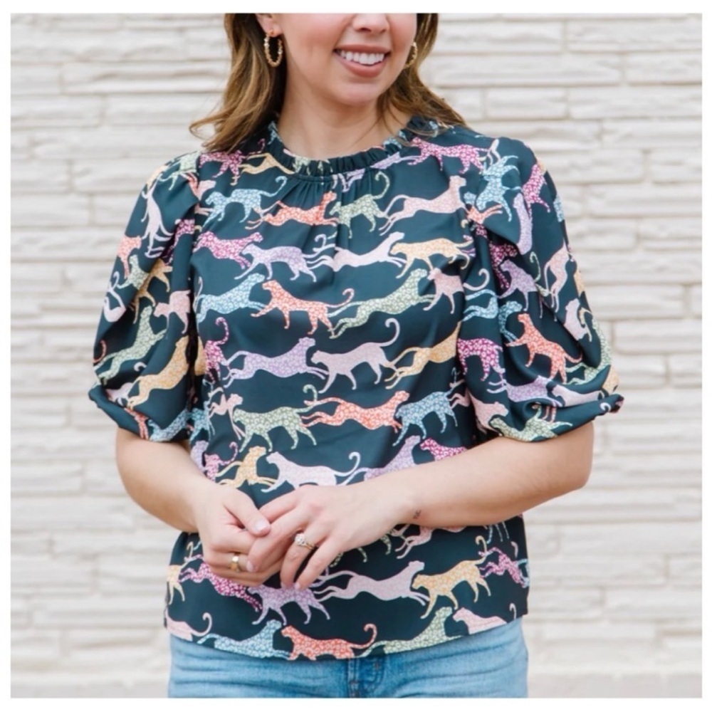 Michelle McDowell Women's Black Cheetah Print Ruffle Puff Libby Top Shirt Blouse
